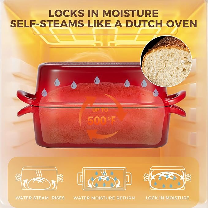 HONGBAKE Everline Collection 2 in 1 Enameled Cast Iron Loaf Pan with Lid, 9x5 Bread Pans for Baking Homemade Sourdough, Non-Toxic Large Loaf Tins, Even Heating Bread Dutch Oven, Red