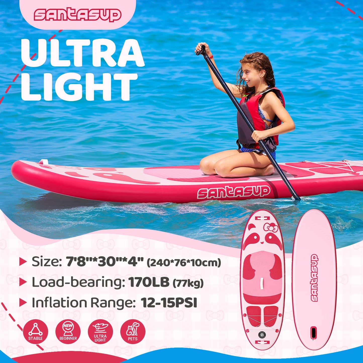 Santasup Kids Inflatable Paddle Board, 8ft Blue Panda with Paddle Board Accessories, Stand Up Paddle Board Durable, Stable Design, Wide Non-Slip Deck, Hand Pump for Youth & Kids