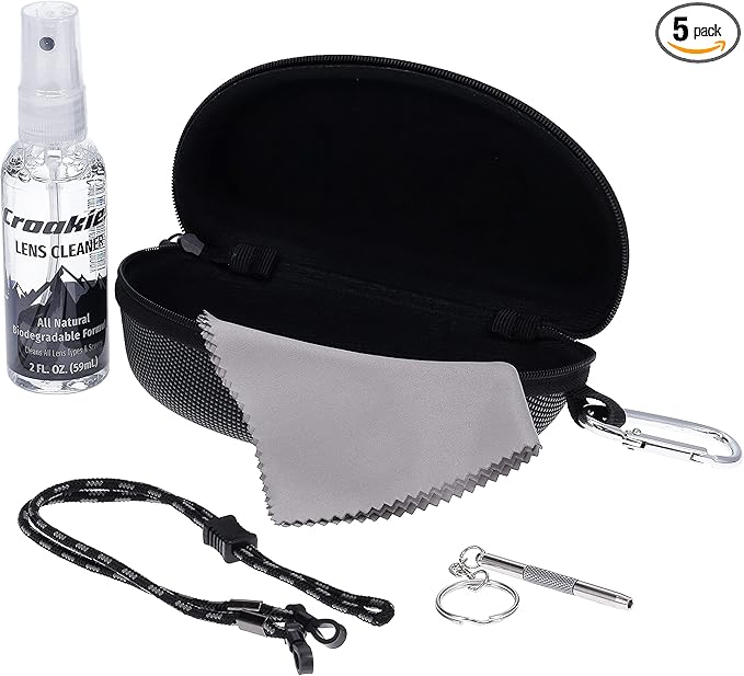 Croakies Eyewear Care Kit with 1(2oz) All Natural VOC Free Lens Cleaner + (1) Hard Case + (1) Microfiber Cloth + (1) Eyewear Retainer + (1) Repair Tool (Grey/Black)