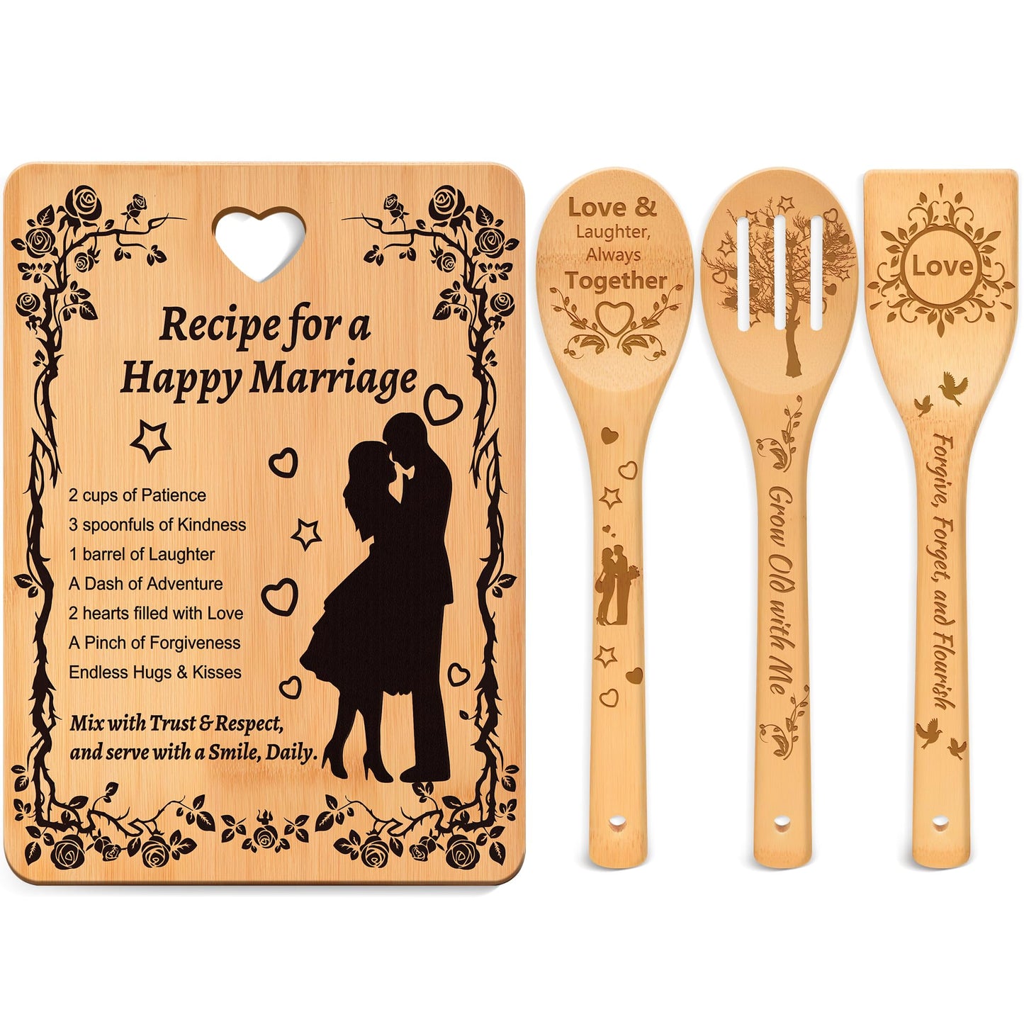 Wedding Gifts for Couples 2025: Personalized Bridal Shower Gift for Bride - “Recipe for a Happy Marriage”Heartfelt Bamboo Cutting Board + 3-Piece Engraved Utensils | Mr & Mrs Newlyweds