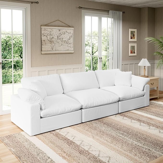 Intuition Decor Modular Sectional Sofa Cloud Couch,Down Filled Comfy Cloud Modern Sofa,White Linen Oversized Couch Cushion Covers Removable for Living Room(3 Seater)