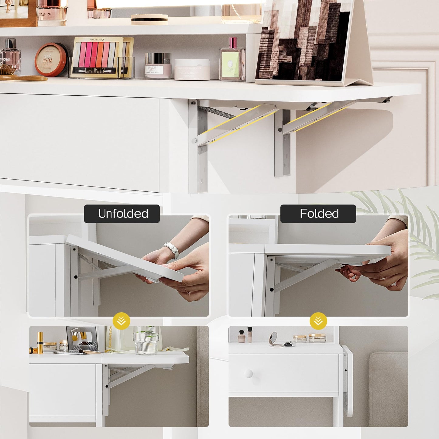 Haewon Small Vanity Desk with Mirror and Lights, Makeup Vanity with Charging Station, Compact Dressing Table Set with Storage Chair, Drawer and Shelves for Bedroom, White