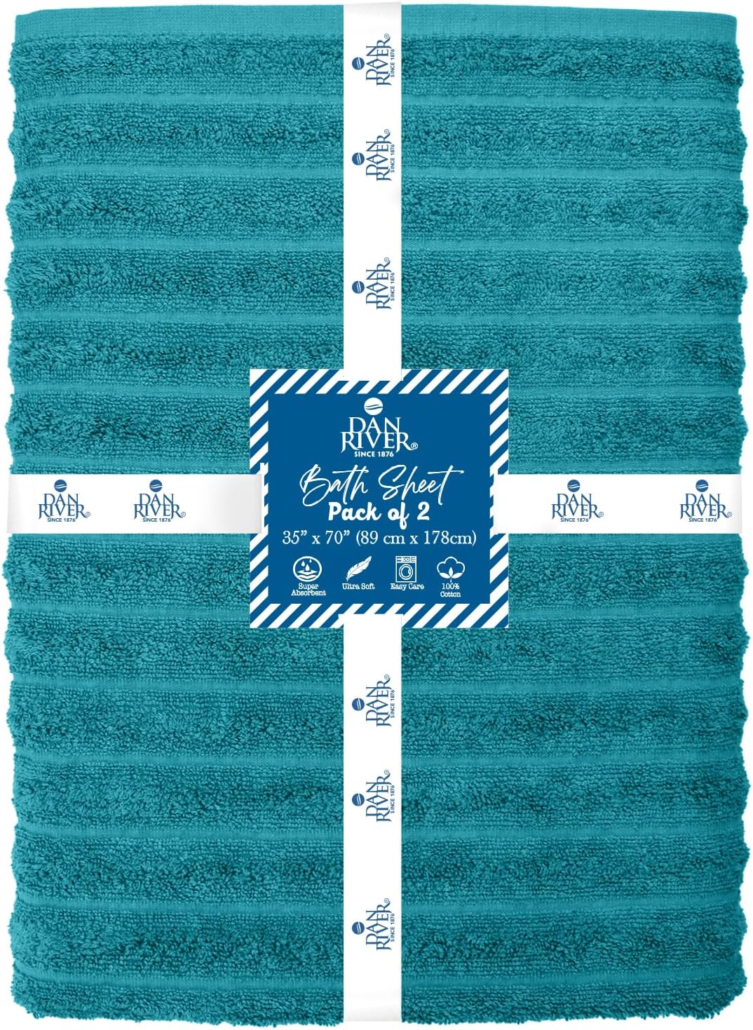 Dan River Pack of 2 Bath Sheet 35x70 Inches, Premium Ribbed Oversized Towels for Adults, Super Soft and Quick Dry - Teal