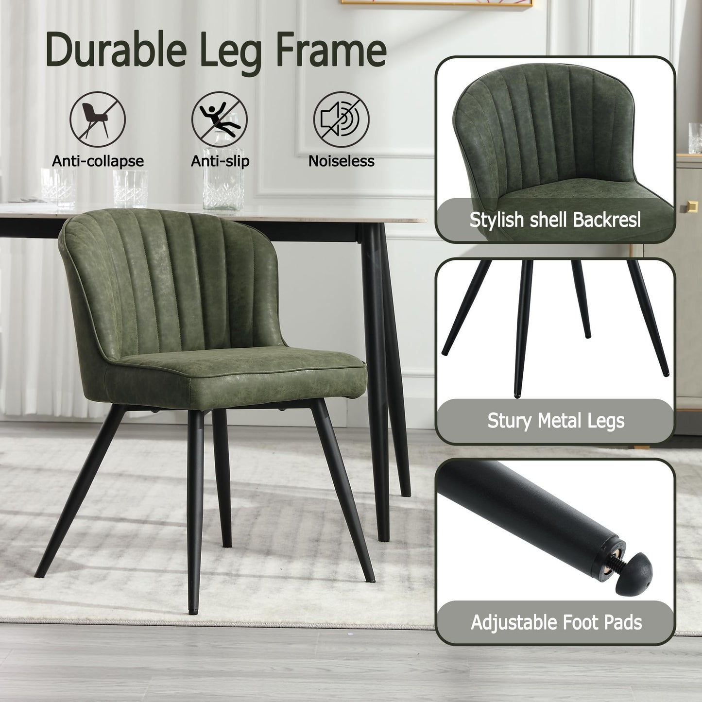Shunzhi Green Upholstered Dining Chairs Set of 4 Modern Leather Dining Room Chairs with Back/Metal Legs Armless Kitchen Chairs Accent Side Chair for Kitchen/Dining Room/Living Room