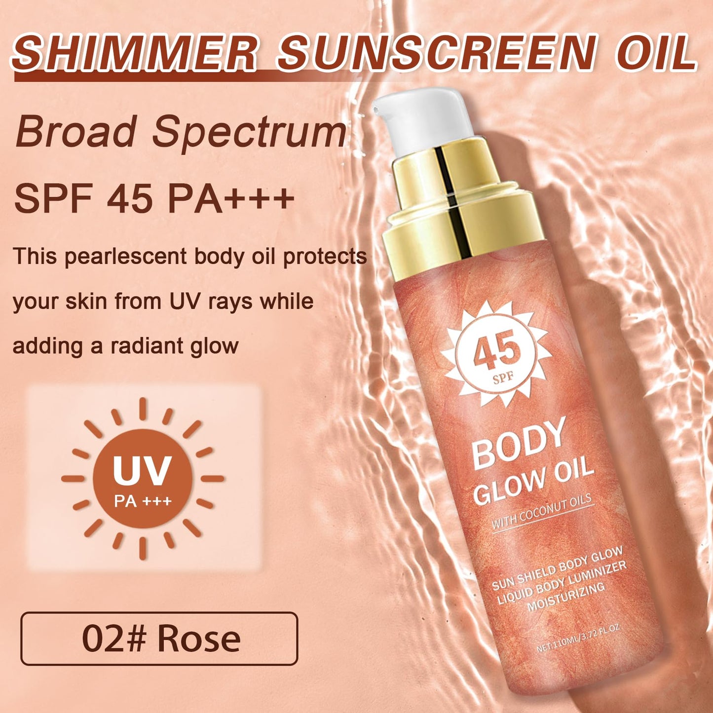LZXLUKGIR Shimmer Body Oil,SPF 45 Broad Spectrum,Shimmer Sunscreen with Rose Gold Mica,Lightweight Non-Sticky Body Glow Oil,Abso