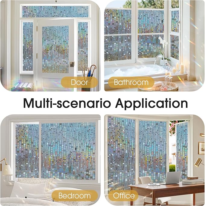 Windimiley Rainbow Window Privacy Film, 3D Stained Glass Christmas Decorative Window Clings, UV Heat Blocking Holographic Prism Stickers for Home (23.6 x 157.5In,Brown)