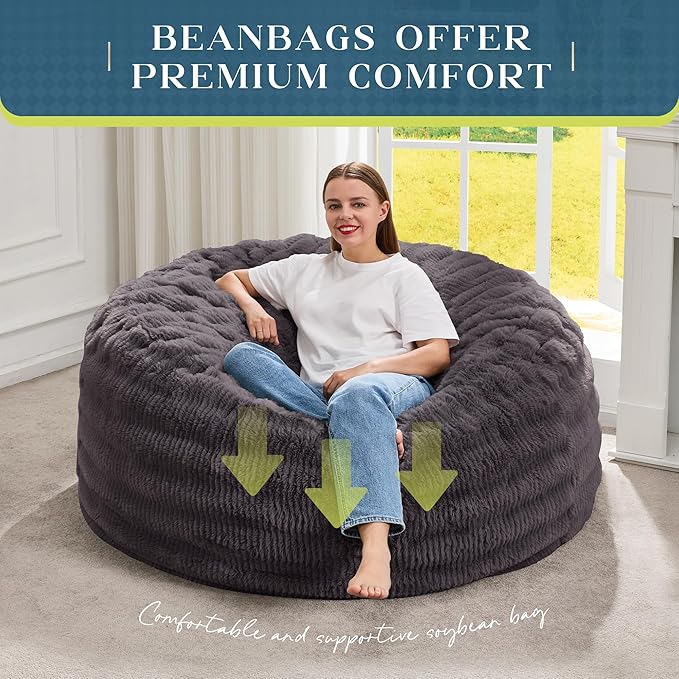 Hobestluk Bean Bag Chairs Beanbag Chair with Filler Adult Bean Bags with Fluffy Ripple Cover, Giant Bean Bag Chairs for Adults (Dark Grey, 4FT - 44" x 44" x 24")