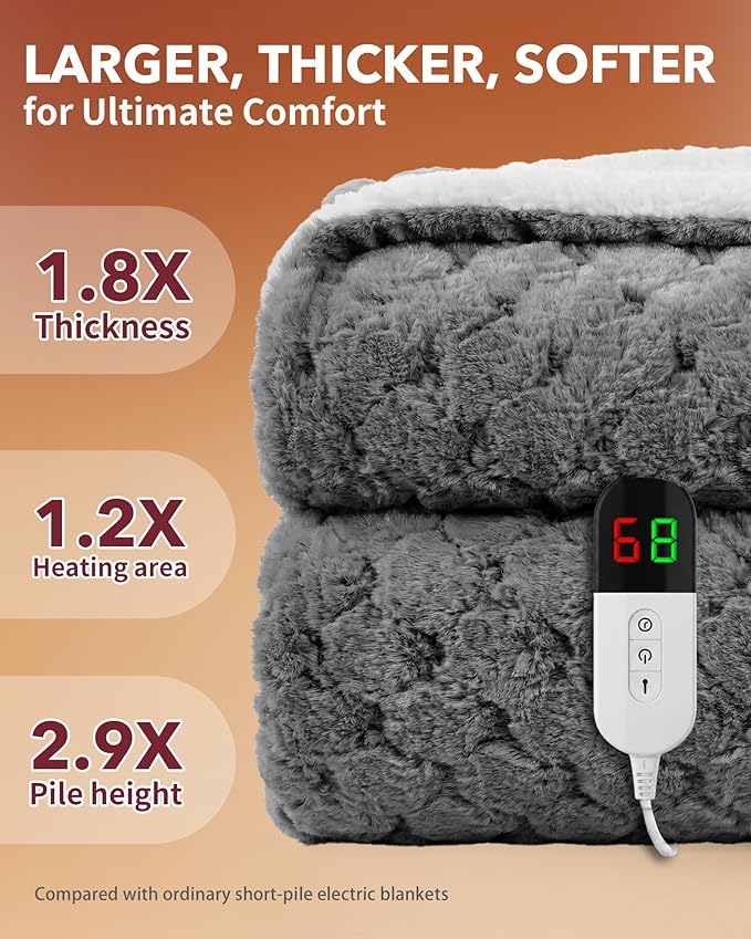 Homemate Electric Heated Throw Blanket - 50"x60" Luxury Faux Fur Heating Bed Blankets with 10 Heating Levels 8 Hours Auto Off Fast Heating Over-Heated Protection Ultra Soft Warm Flannel ETL Certified
