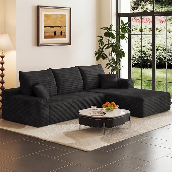 95" Cloud Sectional Couch with L-Shape Chaise, Modern Corduroy Boneless Couch for Living Room,Memory Foam Sofa with Deep Seat,No Assembly Required (Black,Right-Facing Chaise)