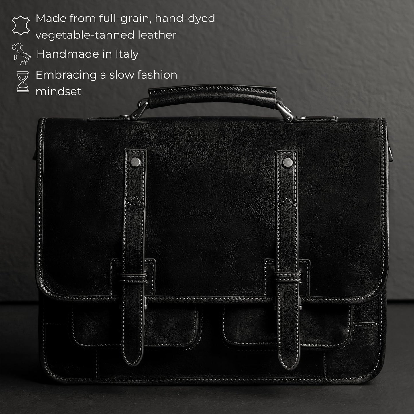 Time Resistance Leather Briefcase – Italian Handmade Leather Laptop Bag – Briefcase Convertible into Backpack (Black)