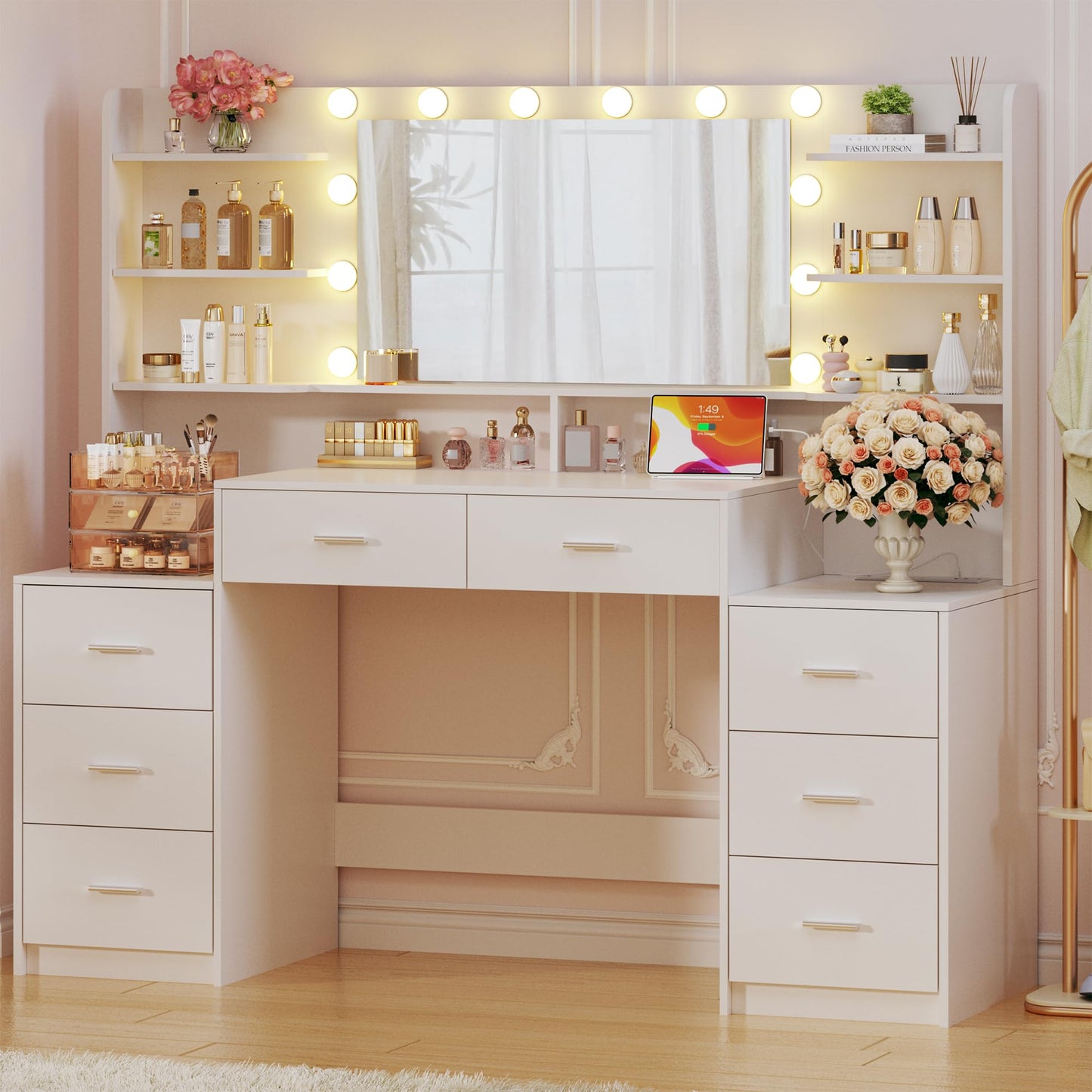 HUAHUU Large Vanity Desk with Mirror & Lights, White Makeup Vanity with 8 Drawers & 6 Storage Shelves, Vanity Set with LED Lights and Power Outlet, 3 Lighting Modes, Adjustable Brightness