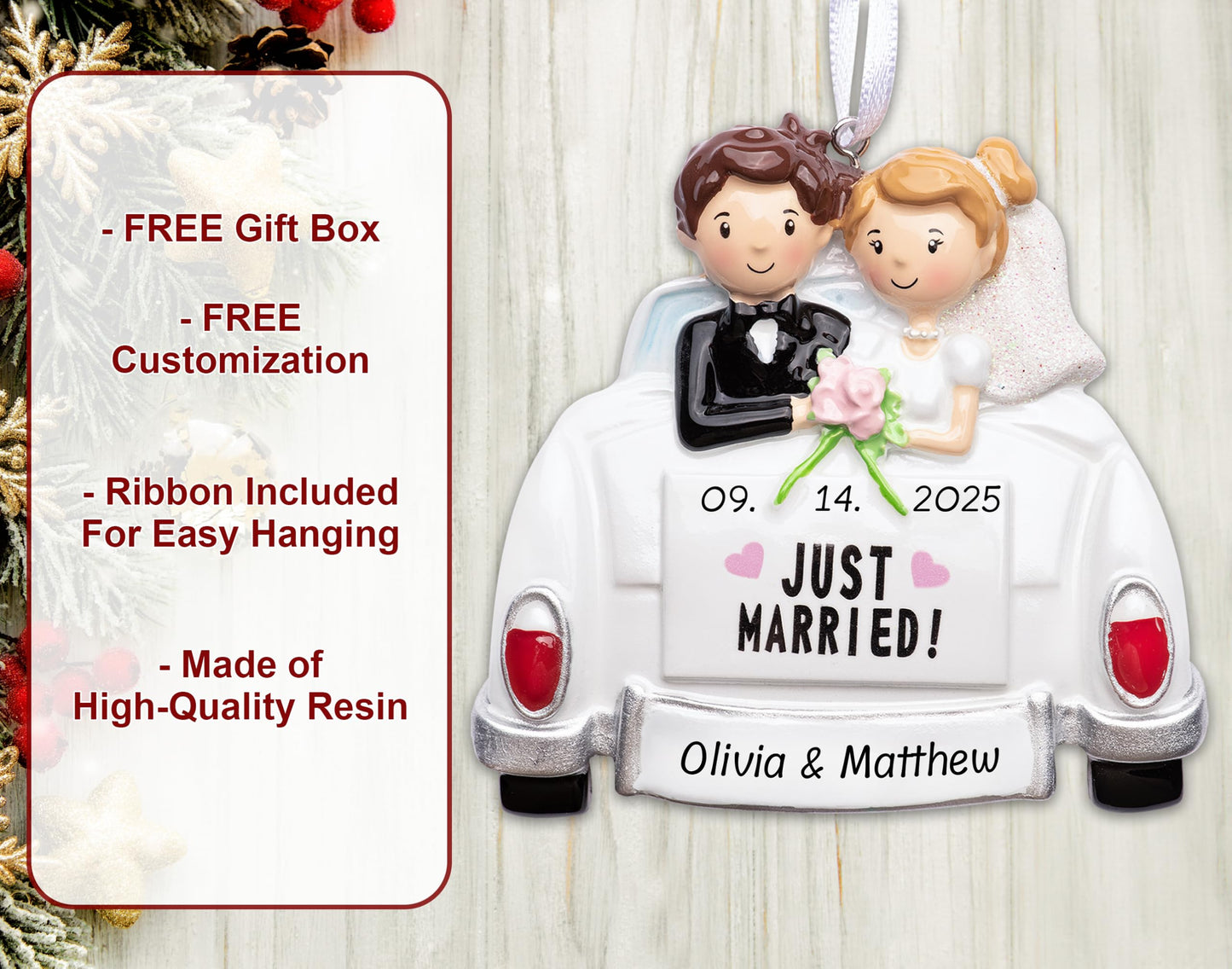 Personalized Just Married Couple in Wedding Car Ornament 2025 | Custom Our 1st Christmas Married Ornament for Xmas Tree | Newlyweds First Year of Marriage Gift