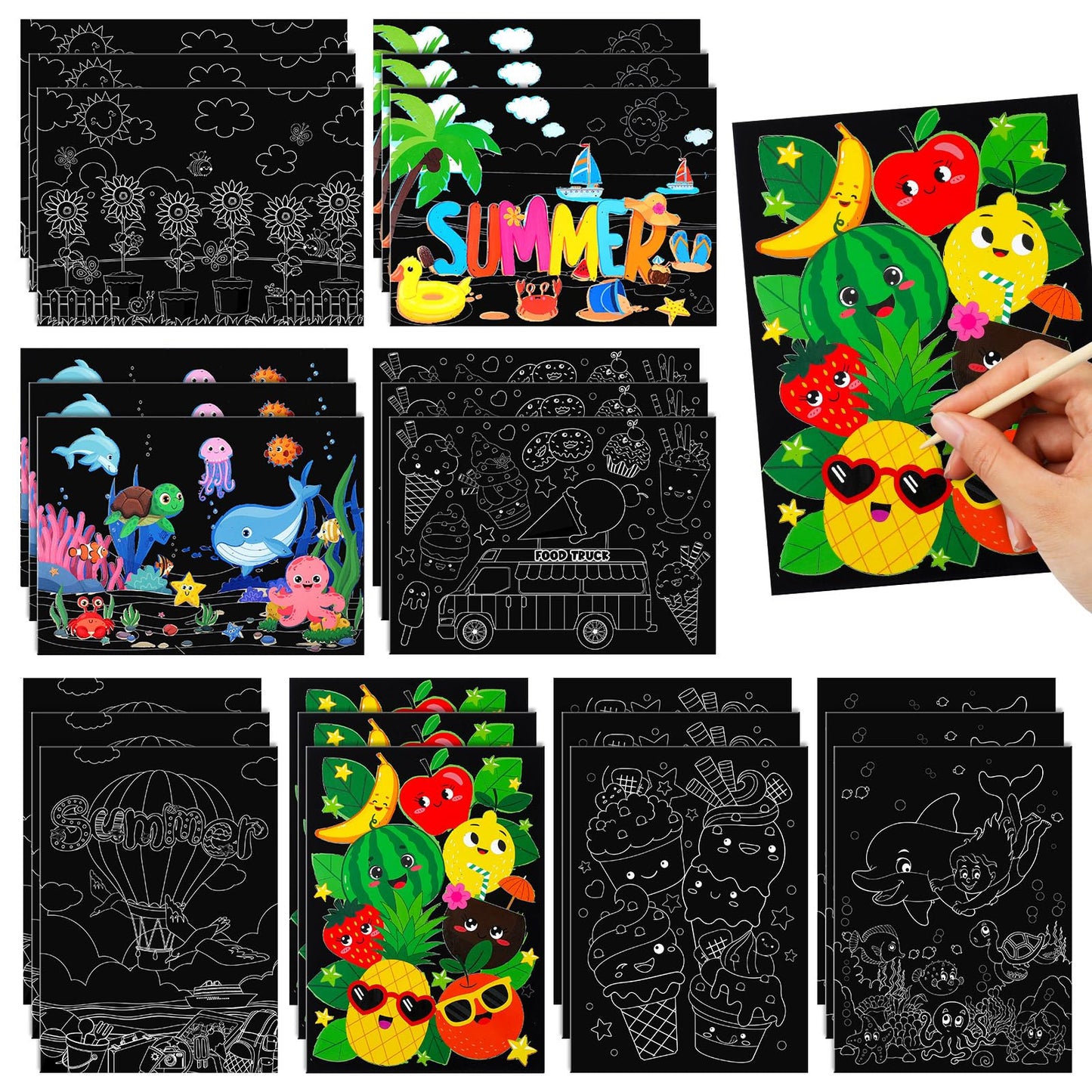 Marspark 24 Pcs Rainbow Scratch Summer Crafts Bulk Color Your Own Rainbow Scratch Paper DIY Happy Summer Magic Posters Black Off Paper Gifts Kit Doodle Posters Art for Holiday Home Party Activities