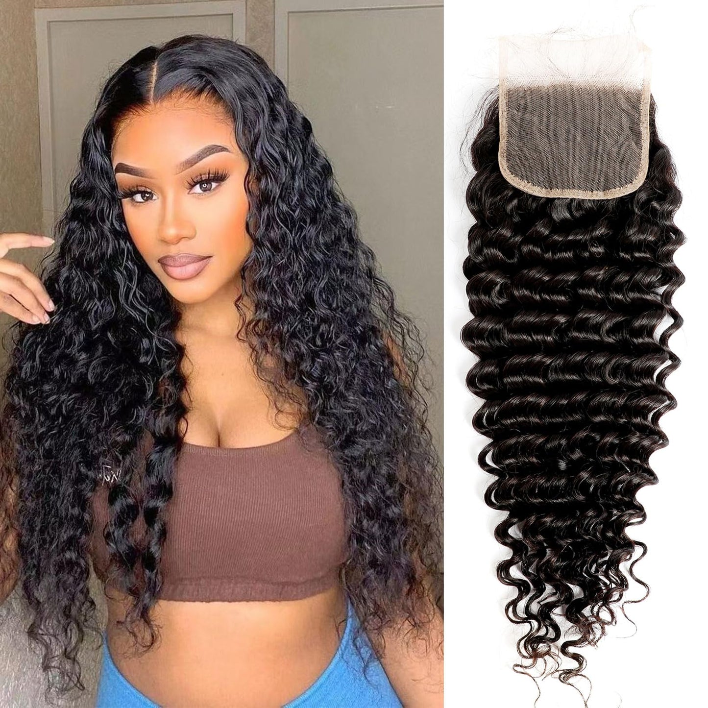 DSEKCAIN 5x5 Deep Wave Closure Transparent HD 5x5 Lace Closure Deep Wave 100% Real Human Hair Slightly Pre Plucked Natural Black
