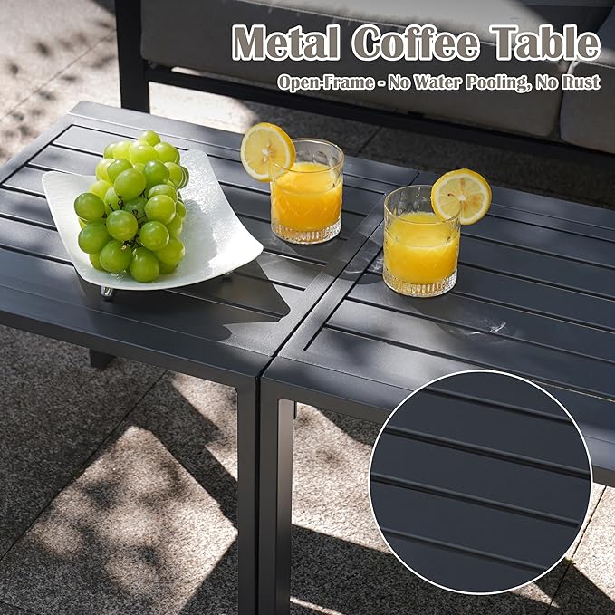 PATIOCHIC 5 Pieces Rattan Outdoor Furniture Set, All-Weather Patio Conversation Set with Dark Grey Cushions and Coffee Tables for Garden, Backyard, Balcony, Poolside