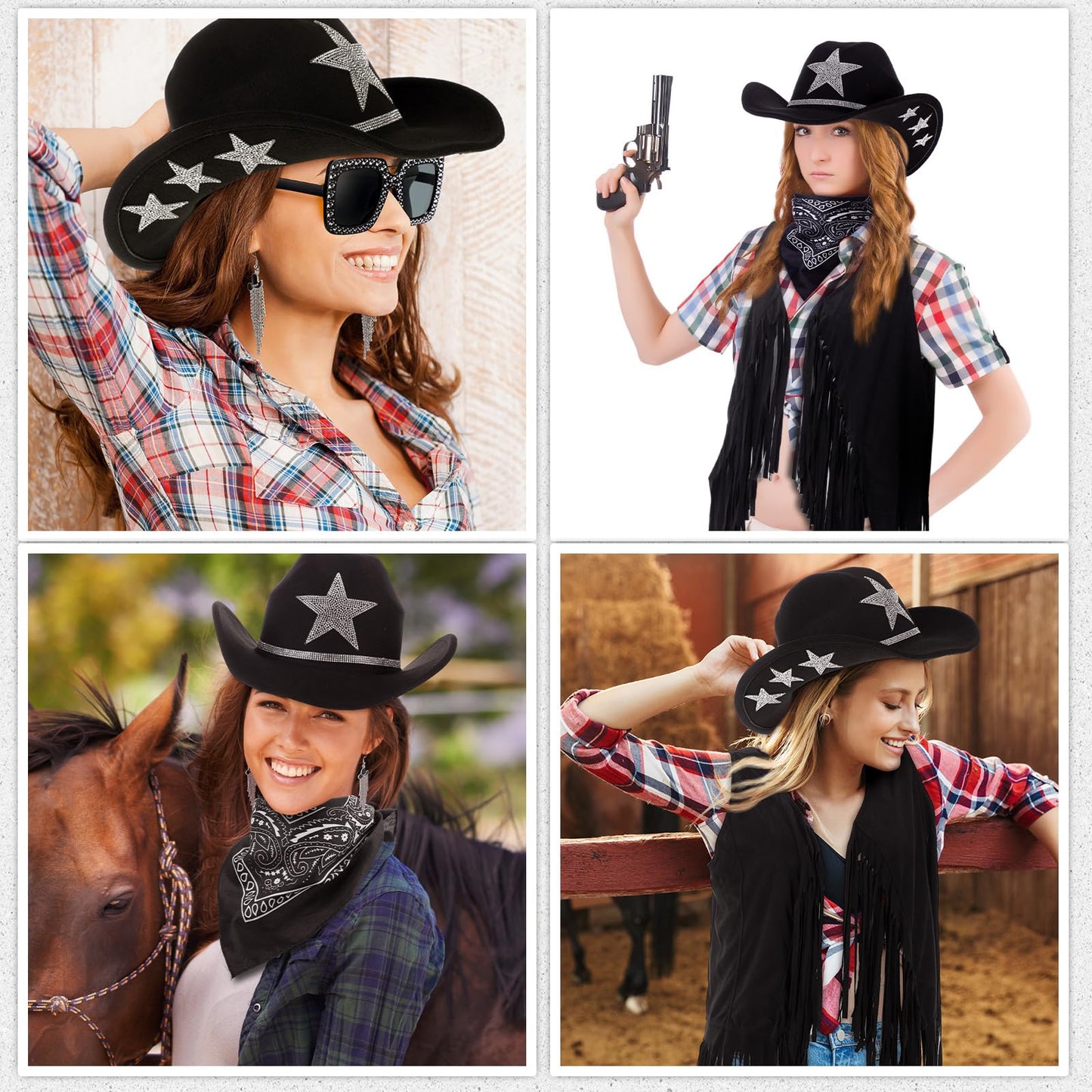 Tiamon Western Costume Accessories for Women Cowgirl Tassels Fringe Vest Cowboy Hat Rhinestone Earrings Glasses Paisley Bandana 70s Hippie Outfits(Black)