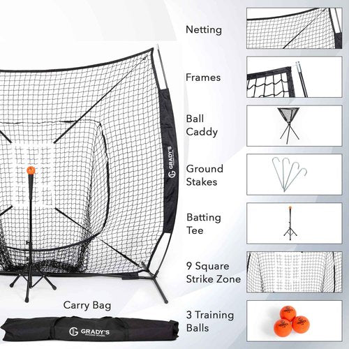 Ultimate Training Bundle-Hitting/Pitching 7x7 Net with Strike Zone | Adjustable Tee | Ball Caddy | 3 Soft-Shell Training Balls