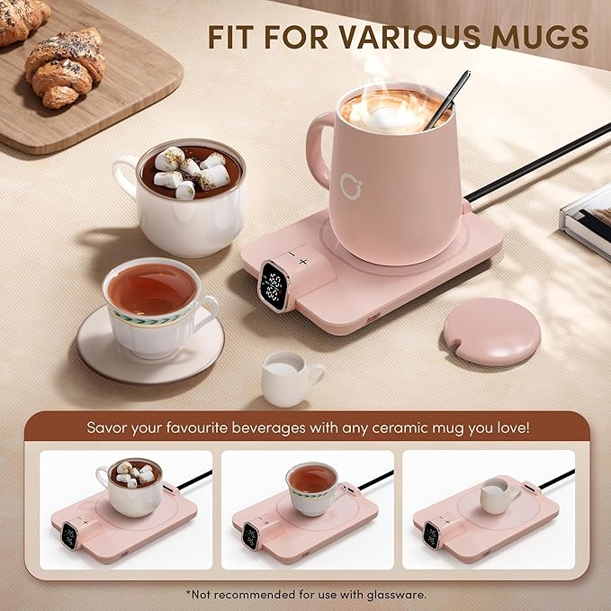 Coffee Mug Warmer Set, ±1°F Precision Temperature Control Smart Heated Mug for Desk, Electric Coffee Warmer with Auto Shut Off & Real-Time Temp Display, Gifts for Men Women, 15oz Ceramic Mug, Pink