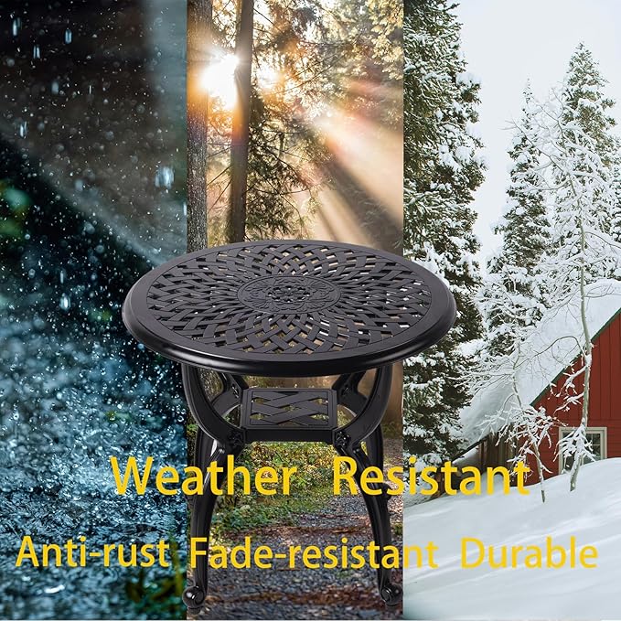 WILOUNGE Cast Aluminum Outdoor Side Table,Small Patio Table,Outdoor Coffee Tables for Patio,Garden,Balcony, for All Weather (Black, Round)