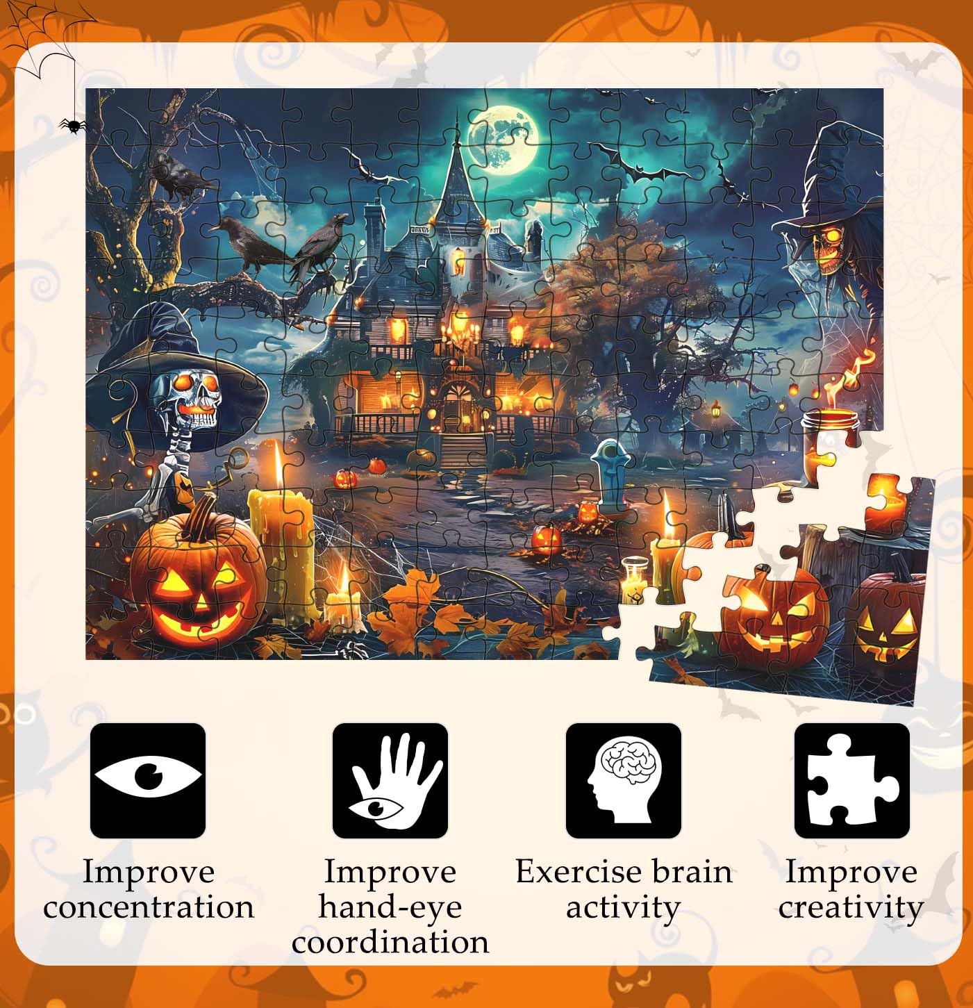 HEIPINIUYE Halloween Puzzles 120 Pieces Scary Skeleton Puzzle Halloween Jigsaw Puzzle for Kids Adults Halloween Party Decoration Haunted House Puzzle