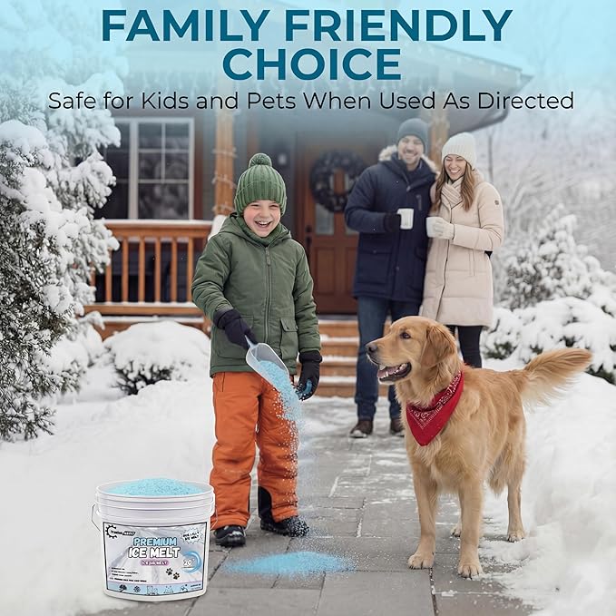 Pet-Friendly Ice Melt - Fast-Acting Magnesium Chloride Formula, Safer for Pets & Surfaces, 30lb Bucket with Scoop