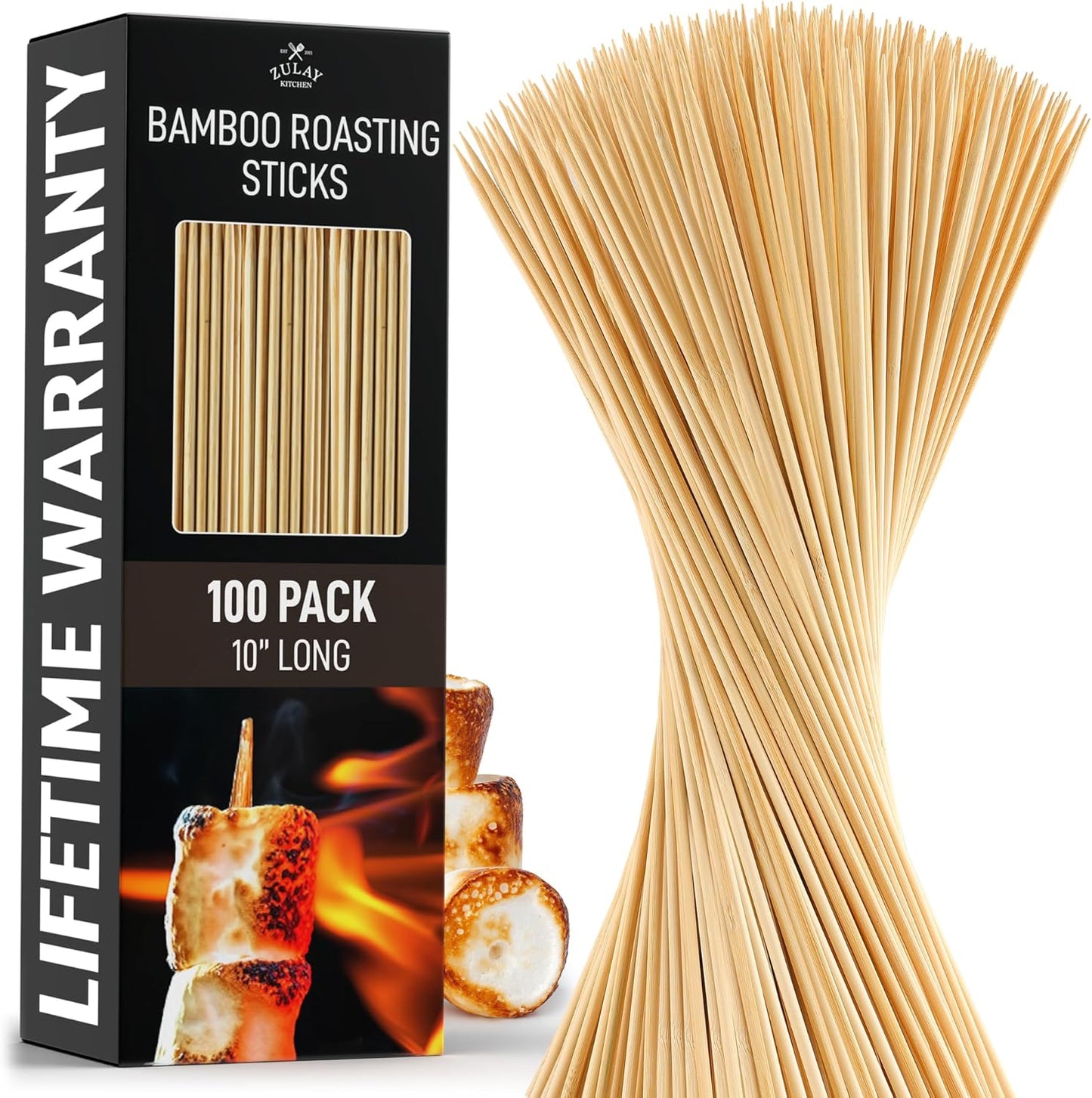 Zulay Kitchen Authentic Bamboo Skewers - 100, 10" Roasting Sticks - 5mm Heavy-Duty Bamboo Skewers - Thick Bbq Sticks - Ideal for Grilling & Camping