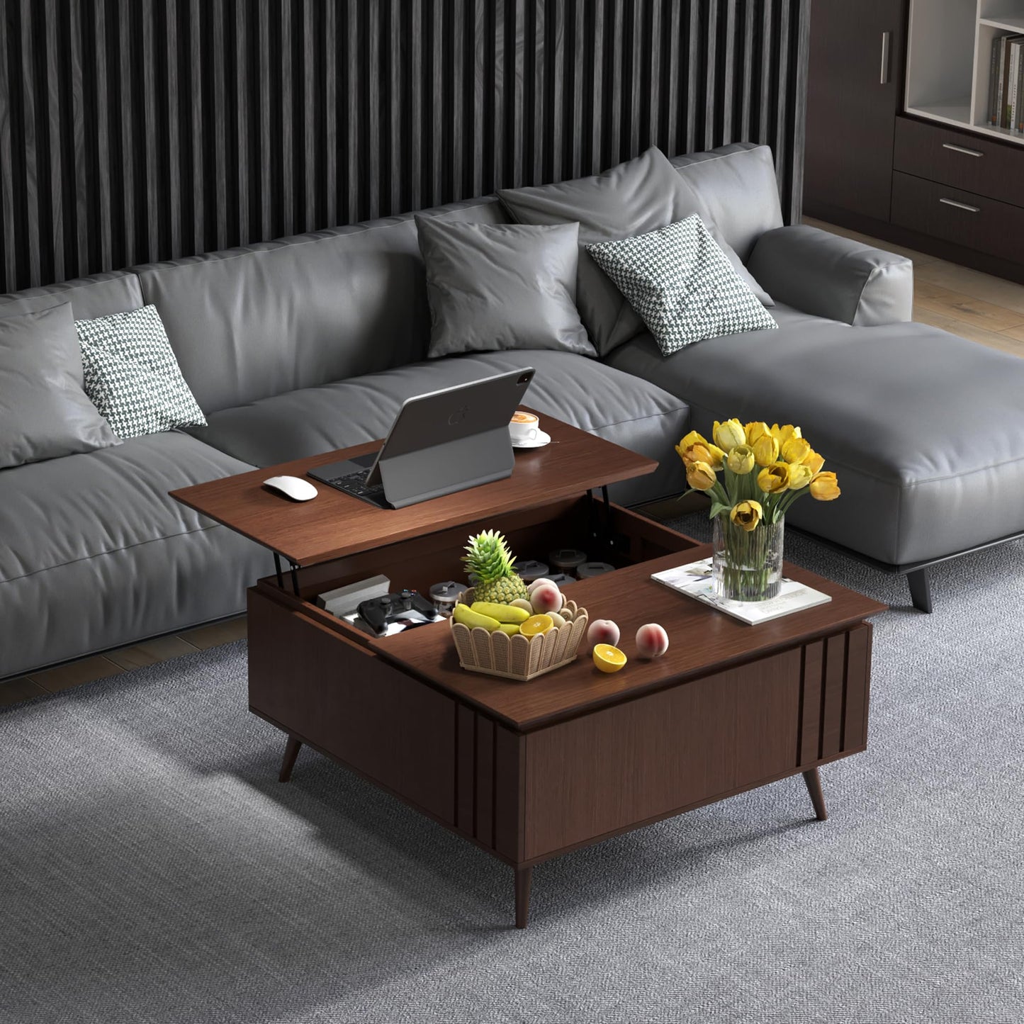 JOINICE 36.2" Lift Top Coffee Table with Storage, Large Square Coffee Tables with Hidden Compartment, Mid Century Modern Center Table for Home Office,Living Room,Dark Walnut