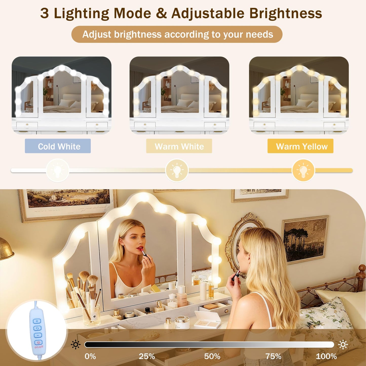 Merax 44.37 inch Makeup Vanity Desk with 13 Hollywood Bulbs & Tri-Fold Mirror, Dressing Table with 5 Drawers, Shelves, Charging Station (2 AC Outlets + USB + Type-C), 3 Lighting Modes, White