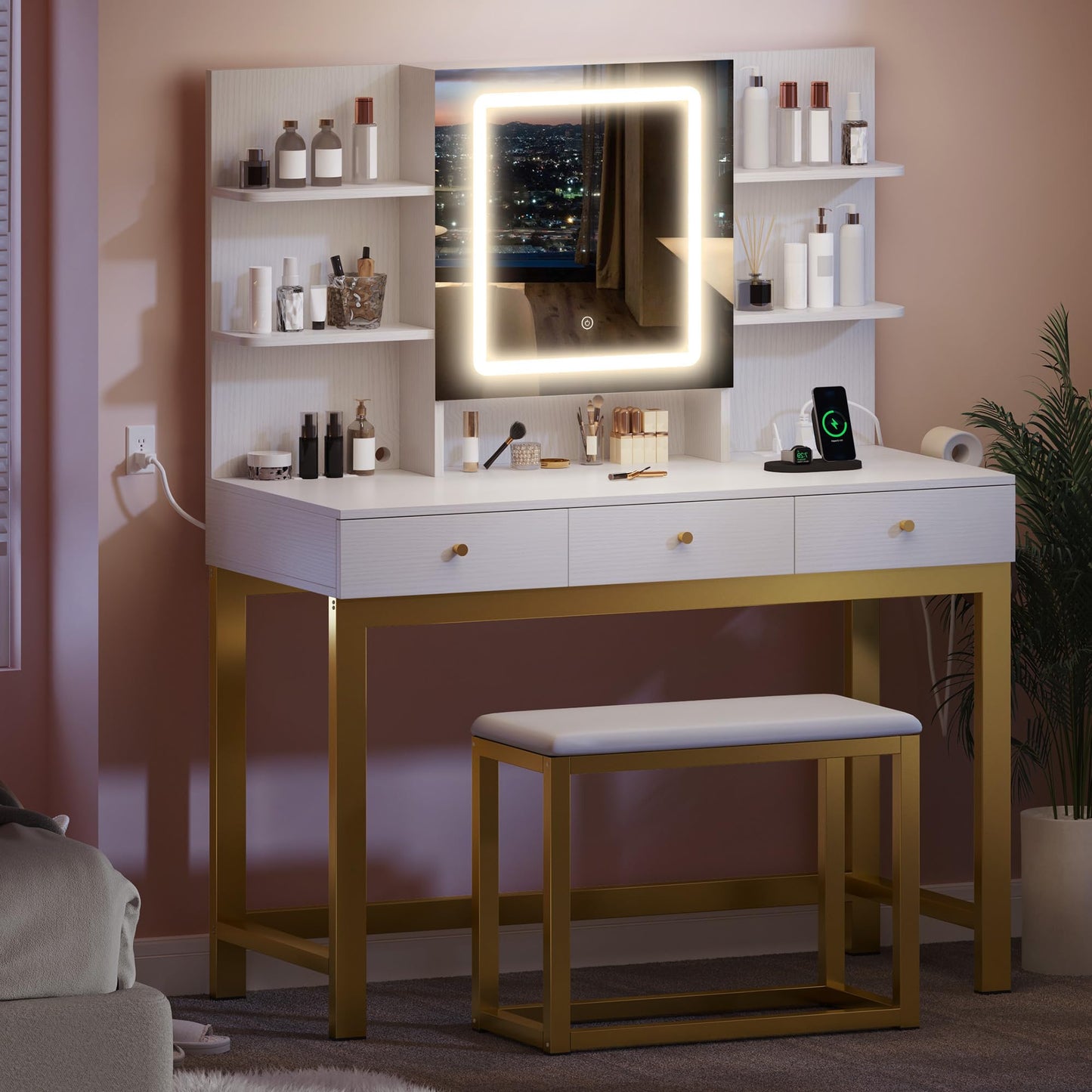 DWVO Vanity Desk with Lights, LED Mirror and Power Outlet, Adjustable 3 Color Lights Modes, Dressing Table with Chair, Makeup Table Set with Hidden Storage Shelves, 3 Drawers, Upgraded, White