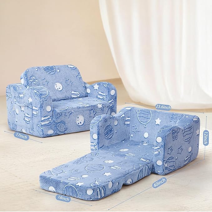 MeMoreCool Toddler Sofa Bed – Glow-in-The-Dark Astronaut Chair for Kids, 2-in-1 Fold-Out Lounger (Denim Planet) Soft Foam | Machine Washable Cover | Ages 1–3 | Playroom & Nursery Nap Couch