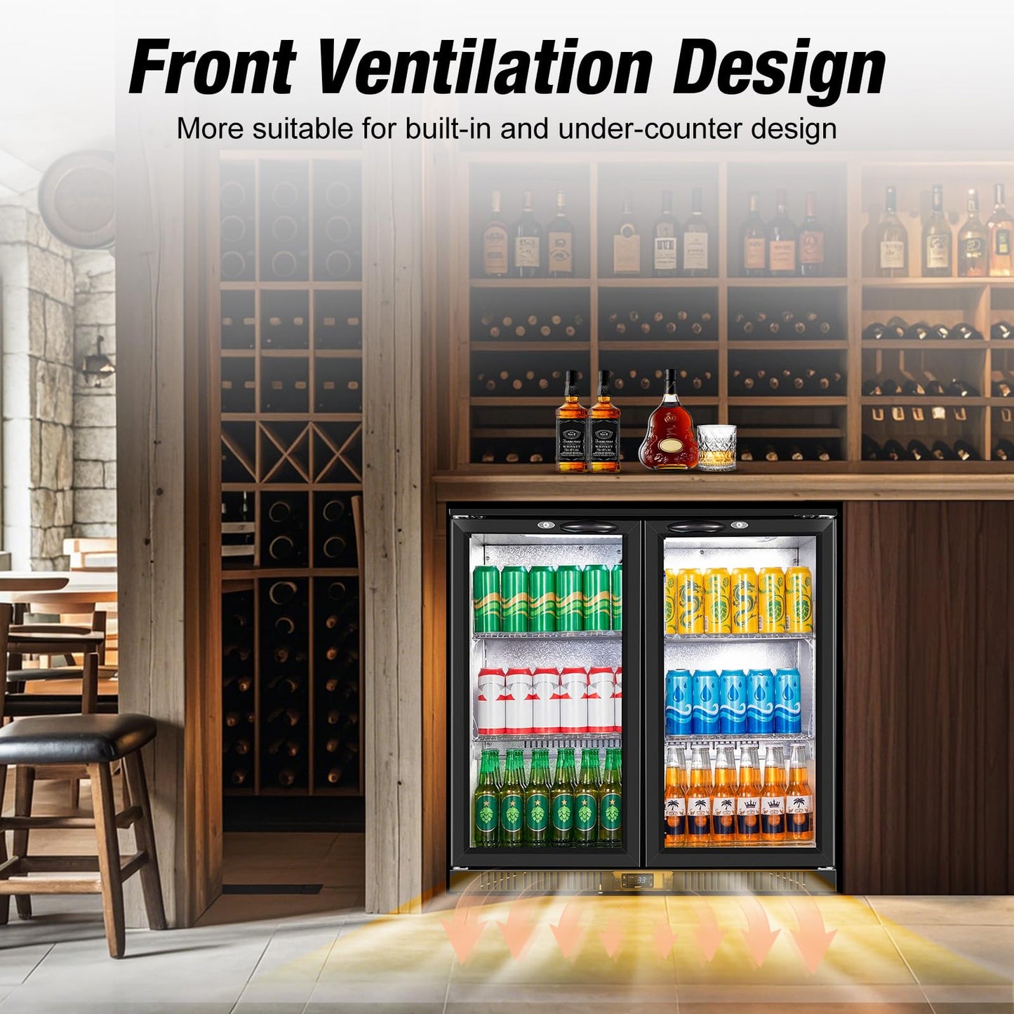 Beverage Refrigerator Under Counter, Back Bar Cooler with 2 Glass Door, Commercial Display Fridge 35.42 Inch Wide 7.4 Cu.Ft, Drink Fridge for Beer Soda Wine, Beverage Cooler for Kitchen Shop Bar