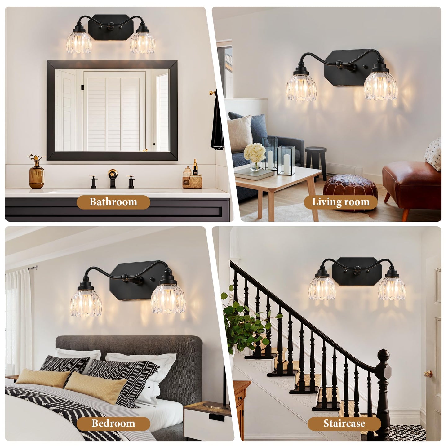 CmnVmn Vintage Bathroom Light Fixtures, 2 Light Bathroom Vanity Light, Black Matte Antique Brass Finish with Crystal Glass Shade, Mid Century Wall Sconces for Bedroom, Living Room, Hallway