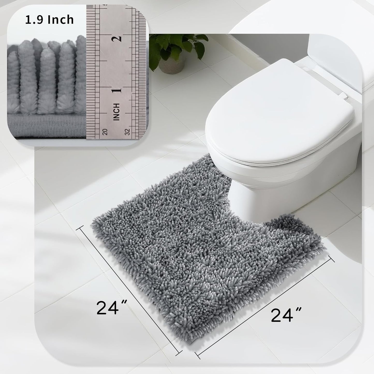 Yimobra Toilet Rugs U Shaped Washable, Extra Thick Soft Absorbent Chenille Contour Bathroom Rugs for Toilet 24x24 Inch, Quick Dry Non Slip Toilet Mat for Bath Floor, Silver
