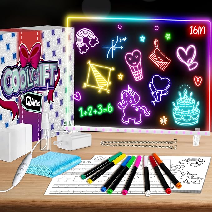 16" Led Drawing Board for Kids with 18 Tracing Pages - 4 Modes & Acrylic Led Note Board with 7 Colors, Light up Magic Boar...