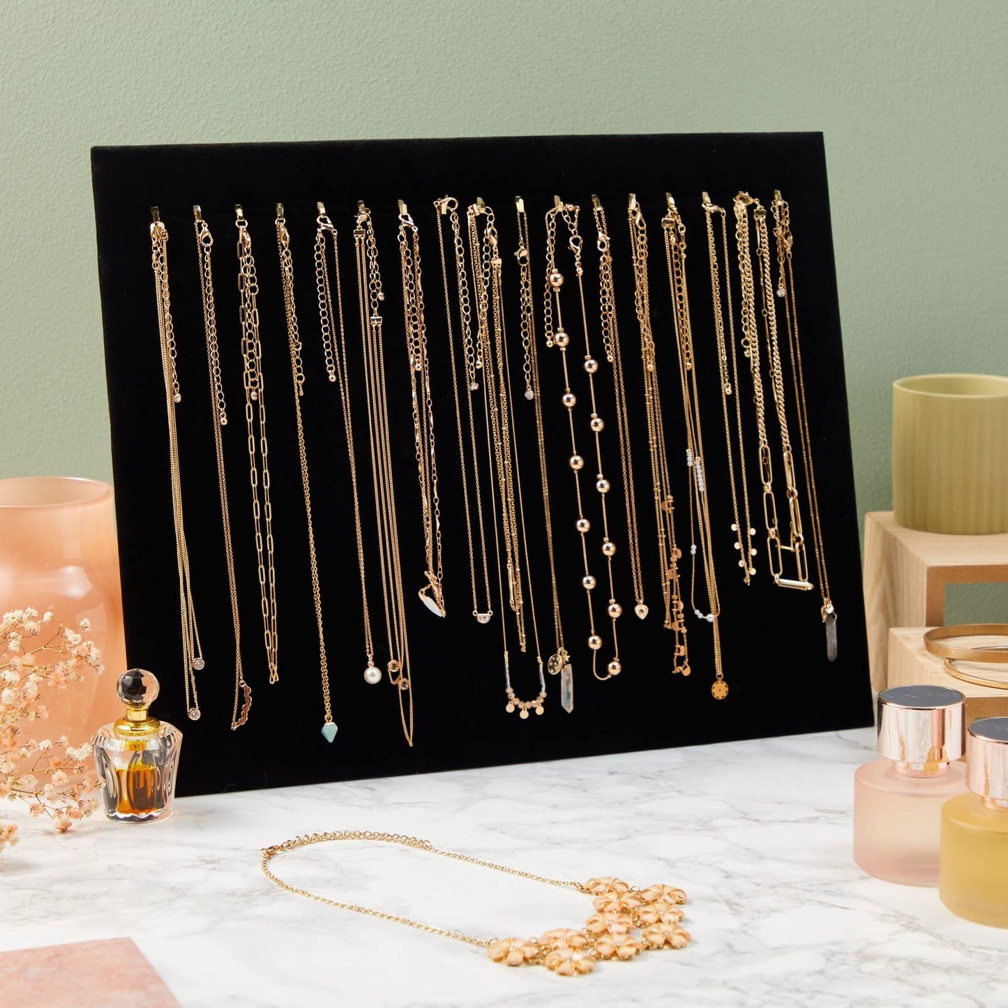 Genie Crafts 2 Pack Jewelry Display for Selling, Black Velvet Boutique Necklace Stands Boards with Hooks for Pop Up Shop (15 x 1