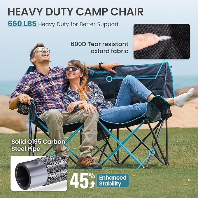 FUNDANGO Extra Wide Double Camping Chair for Adults with Cooler, Oversized 2 Person Loveseat, Padded Heavy Duty Two Person Folding Lawn Couch seat with Cup Holders for Outdoor, Camp, Sports & Lawn