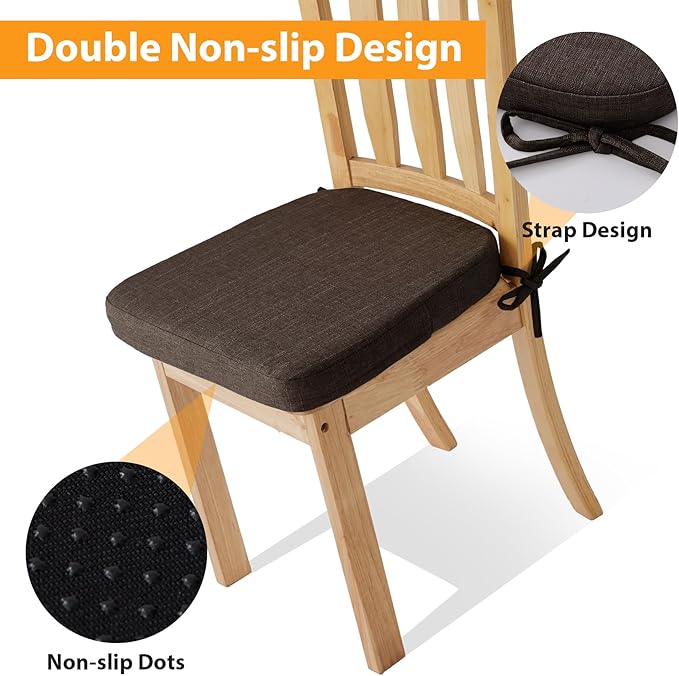 Ruqmuis Chair Cushions for Dining Chairs, 2" Thick Seat Cushions for Kitchen Chairs, D-Shaped Chair Pads with Washable Cover, Ties and Non Slip Backing, 17'' x 16'', Set of 4, Brown