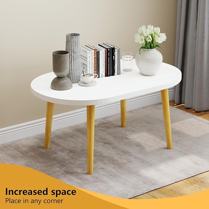 Funecy Coffee Table Low Table with Solid Wood Sturdy Legs, Floor Table Desk for Sitting on The Floor, Storage and Living Room Furniture (White-Oval)