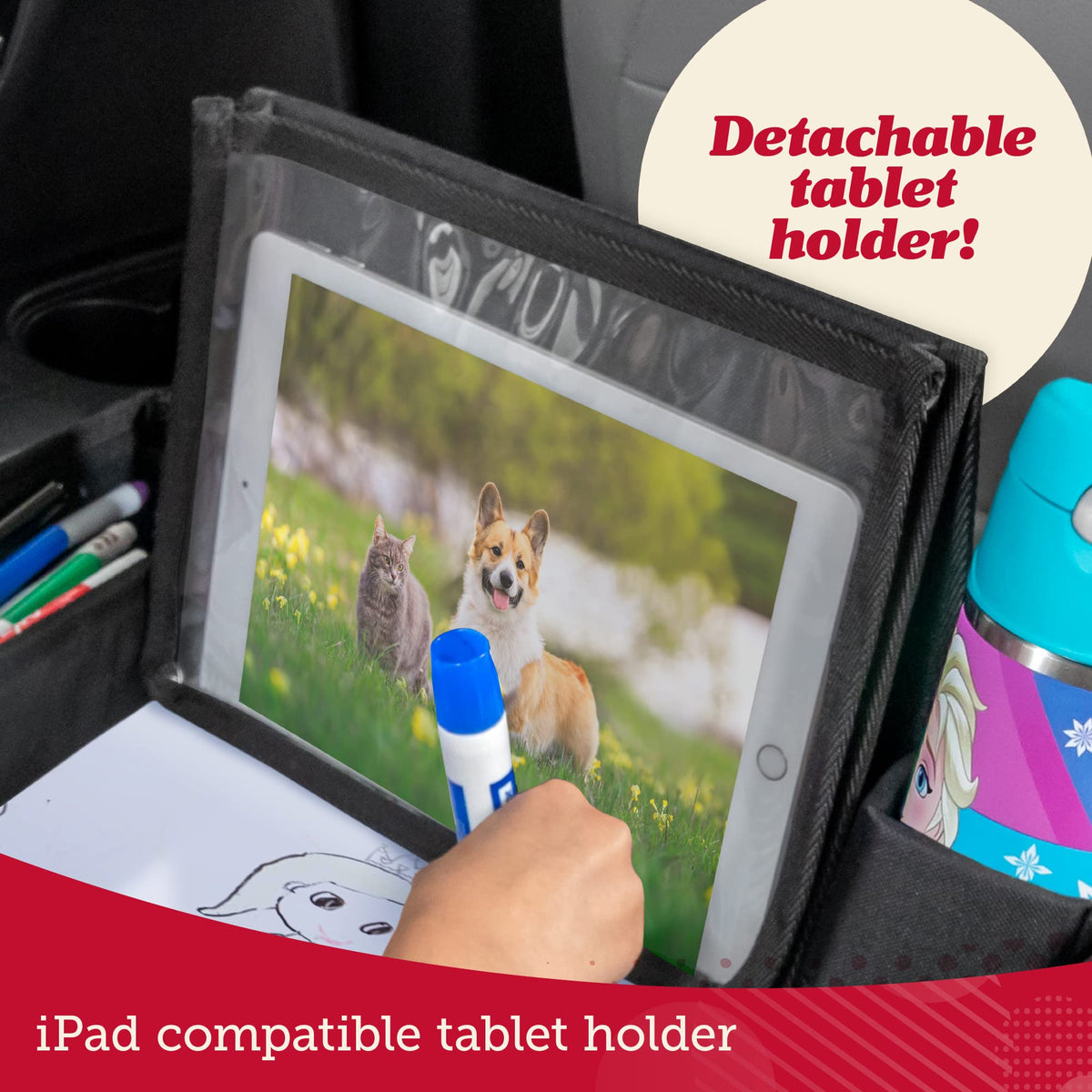 Lusso Gear Car Seat Tray for Kids Travel - Black 600D Oxford Lap Desk Organizer with Dry-Erase Surface, Tablet Stand, Snack Holder & Cup Holder - Travel Tray for Kids Car Seat