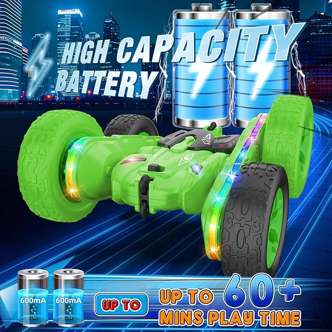 Remote Control Car,RC Cars with sides light strip and Headlights,Double Sided 360 Flips Rotating RC Stunt Car,2.4Ghz All Terrain Toys for Ages 4-6 Kids Toy for Boys Girls Birthday Gift(Green)