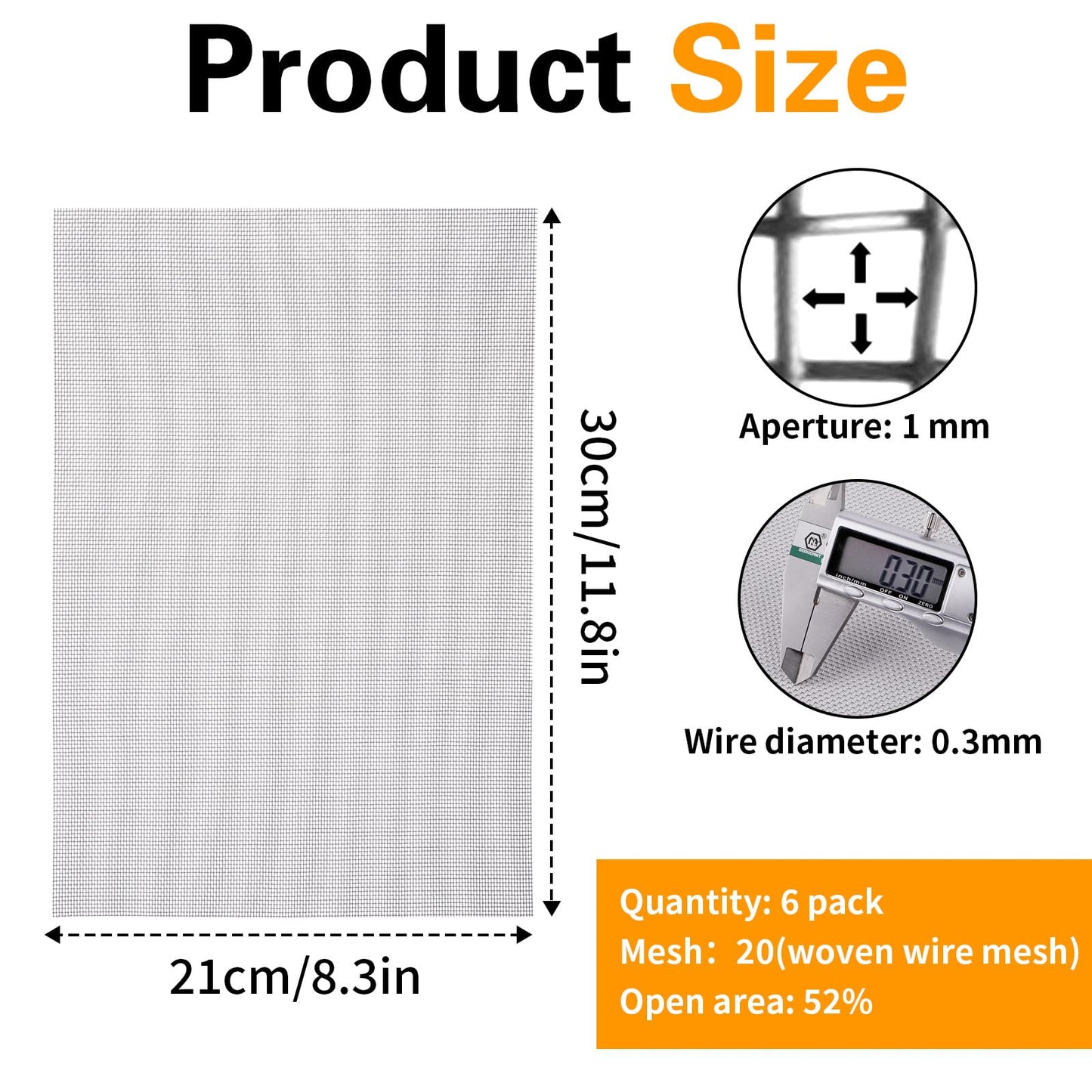 6 Pack 12×8 Inch Wire Mesh Screen, 20 Mesh Stainless Steel Mesh, Sturdy No Rust Metal Mesh Screen for DIY Projects, Cage, Vent, Garden, Window Screen, Filter Mesh
