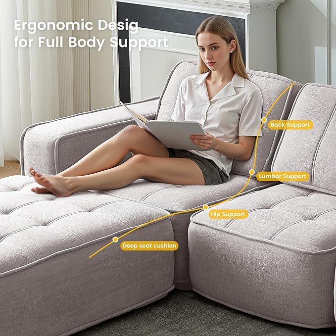 108" Boneless sectional Couch for Living Room,Convertible L-Shape Fleece Couches with Ottoman, Cloud Modular Sofa with Deep Seat for Bedroom, No Assembly,Beige
