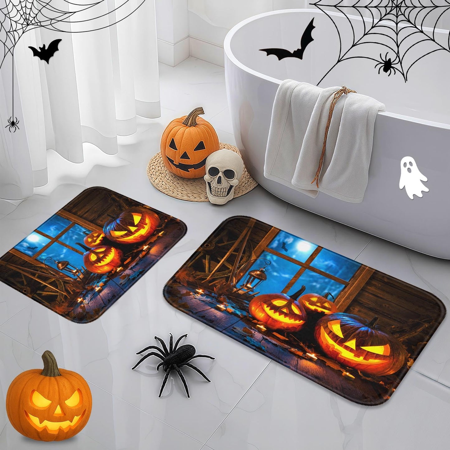 Arttown Halloween Night Bathroom Sets with Shower Curtain and Rugs and Accessories, Pumpkin Ghost Black Shower Curtain Sets, Spooky Shower Curtains for Bathroom, All Saints' Day Bathroom Decor 3 Pcs