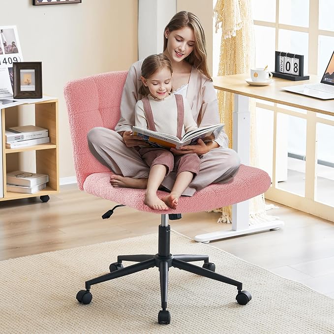 Furnimart Swivel Criss Cross Legged Chair with Wheels for Home Office, Wide Armless Desk Chair Height Adjustable Comfy Seat for Desk,Vanity, Bedroom, Faux Fur Pink