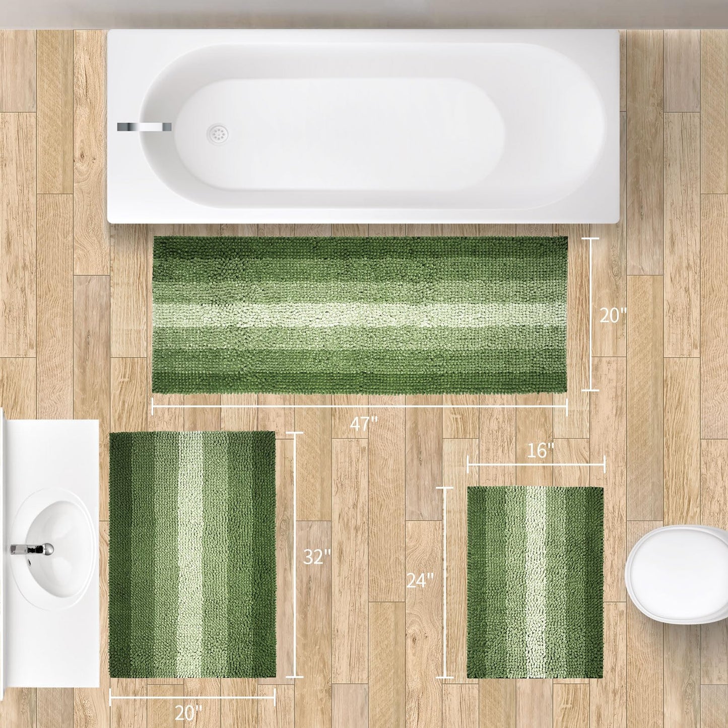 Gibelle Green Bathroom Rug Set 2 Piece, Chenille Non Slip Bath Mat Set, Absorbent Shower Rug and Bath Room Floor Mats, Quick Dry Bathmat Bathroom Decor Accessories for Tub, 16" x 24", 20" x 32"