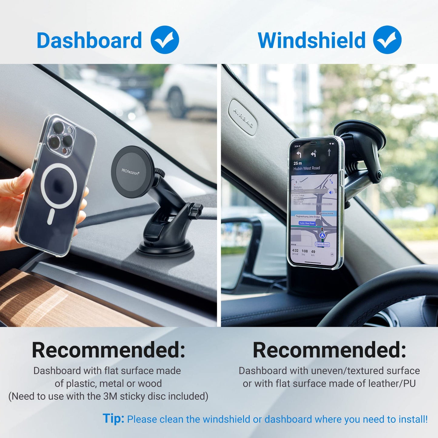 Profezzion Suction Cup & Vent Clip Combo Magnetic Phone Holder Compatible With Magsafe On Car Dash, Windshield Or Vent For Iphon