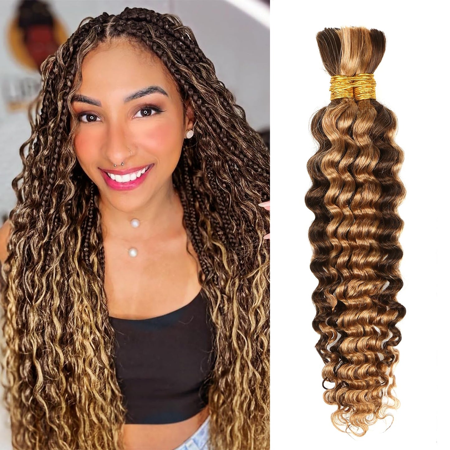 4/27 Honey Blonde Human Braiding Hair Deep Wave Bulk,Highlight No Weft Curly Hair Extensions for Boho Braids Wet and Wavy Braidi