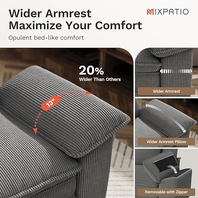MIXPATIO 157-Inch U Shaped Sectional Sofa with Cloud Cushions, Deep Seat Modular Couch Set w/ 6 Seats & 2 Ottomans, Removable Arms, Plush Corduroy Upholstery for Living Room, Apartment - Gray