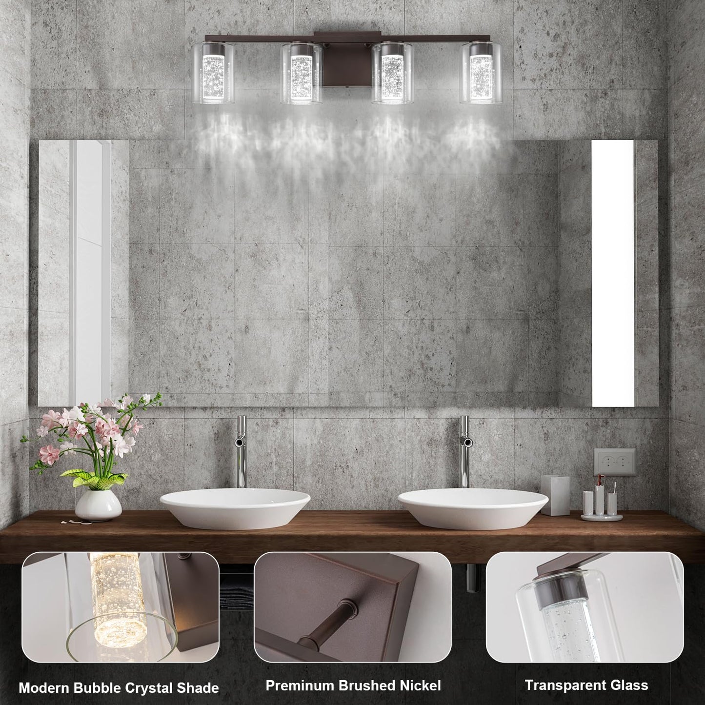 SineRise 4-Light Bronze Vanity Light with 3 Color Modes (3000K/4000K/6000K), Eye Protection LED Bathroom Light Fixture, Dimmable Modern Wall Light Over Mirror with Clear Glass Shade