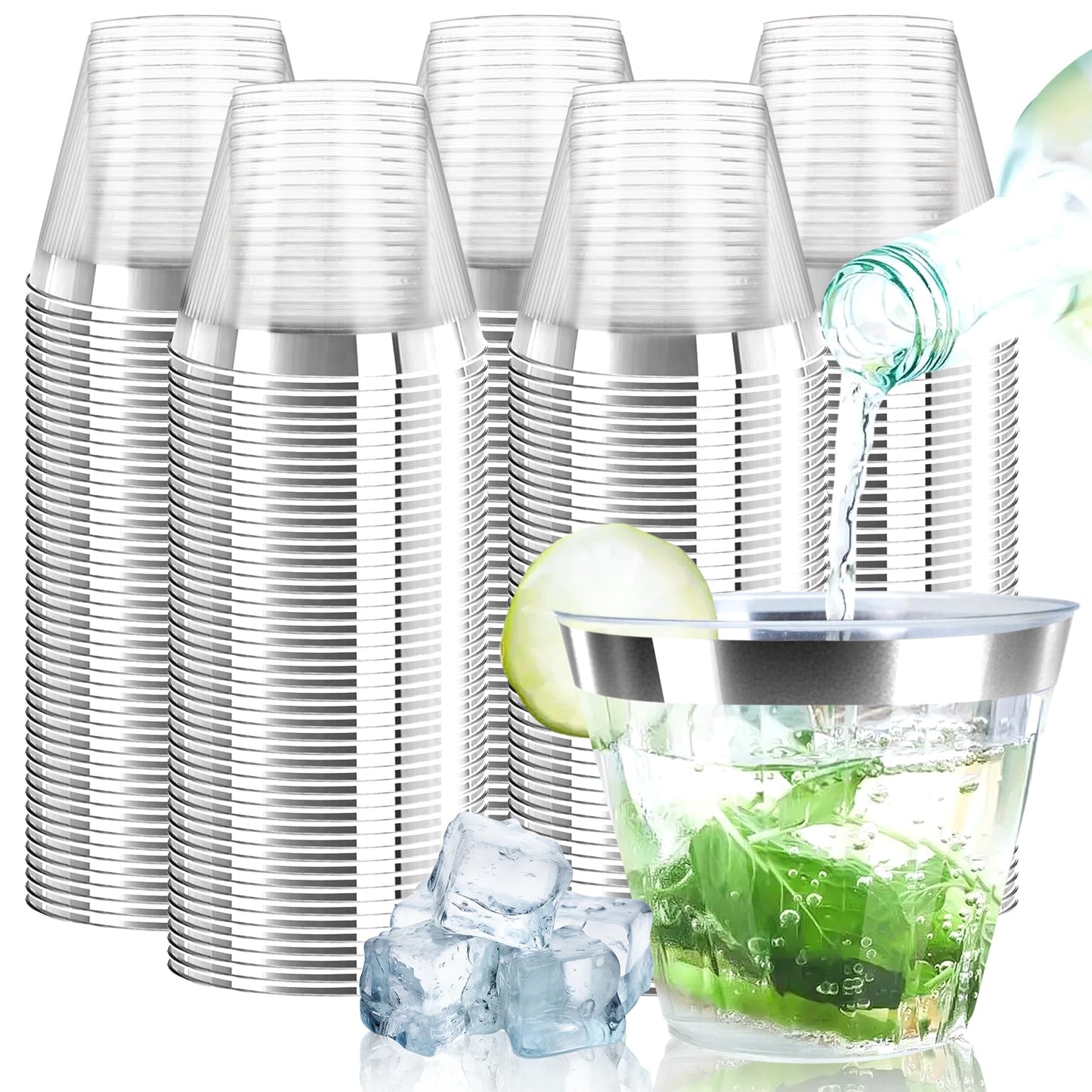 [200 Pack] 9oz Clear Plastic Cups with Silver Rimmed Sturdy & Food Safe Disposable Wine Glasses Party Wedding Disposable Drinking Cups Plastic Cocktail Glasses for Wine, Juice & Cold Beverages